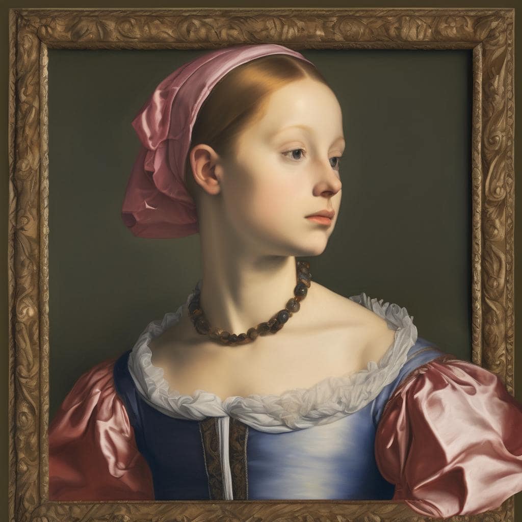 Ανδρεάτιο πορτρέτο με νεαρή γυναίκα σε ρεαλιστικό στιλ, φορώντας παραδοσιακό φόρεμα και κομπόζο.