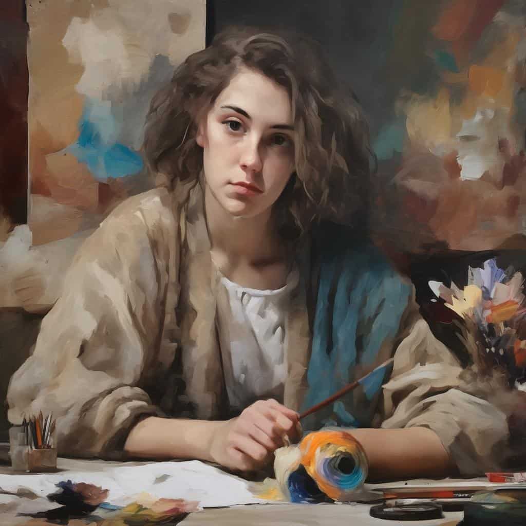 Ζυγός κορίτσι με παλέτα ζωγραφικής, εκφραστικό τοπίο και συναισθηματική τέχνη.