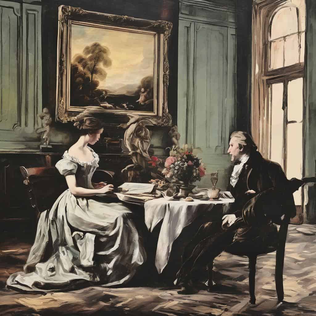 Παραδοσιακός πίνακας ζωγραφικής με δύο ανθρώπους σε εσωτερικό χώρο, αντανακλώντας το τοπίο ως συναισθηματικό καθρέφτη.