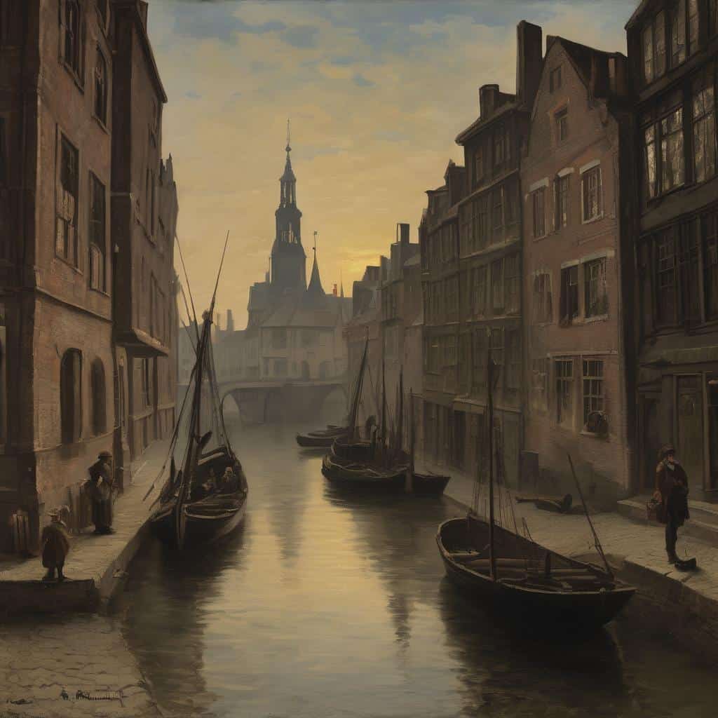 Παραδοσιακό κανάλι με σκάφη και ιστορικά κτίρια σε ευρωπαϊκό τοπίο, μεταφέρει νοσταλγική και μελαγχολική ατμόσφαιρα.